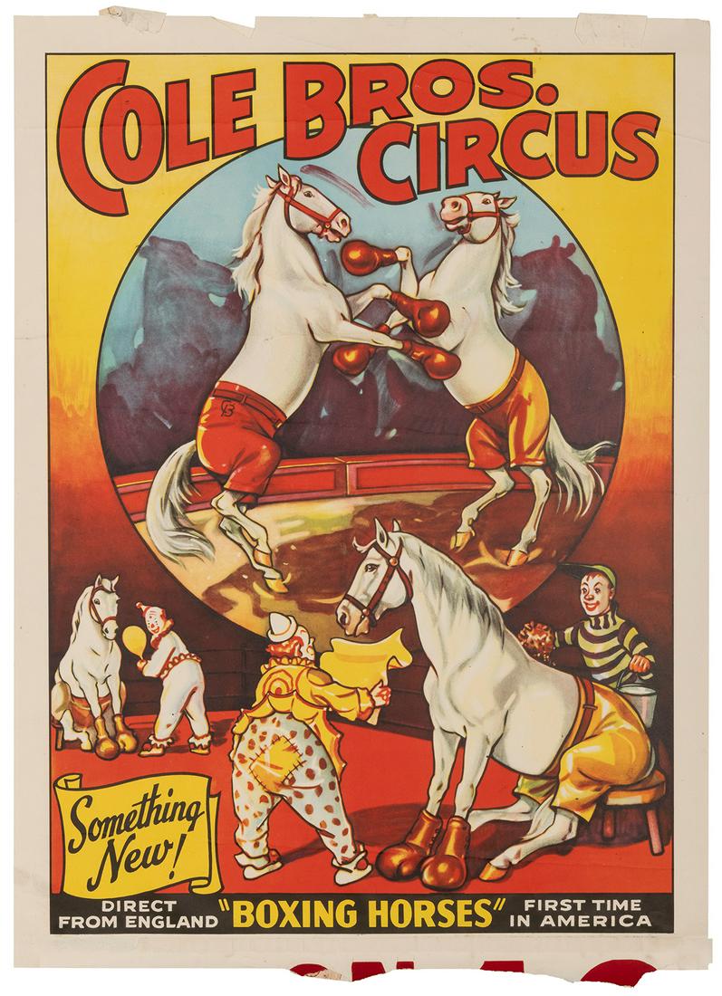 Cole Bros. Circus / Boxing Horses. Erie Litho, ca.: Cole Bros. Circus / Boxing Horses. Erie Litho, ca. 1940s. White stallions with boxing gloves over their hooves rear up against each other, while clowns prepare another two to fight. Half sheet. 20 