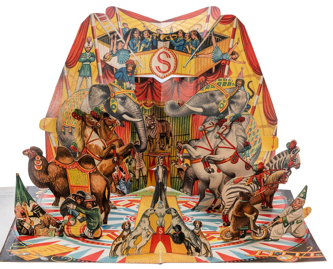 [POP-UP] KUBASTA, Vojtech (Czech, 1914-1992). Tony and: [POP-UP] KUBASTA, Vojtech (Czech, 1914-1992). Tony and the Circus Boy. London: Bancroft & Co. Ltd., 1960. Pictorial boards. With a colorful and tall pop-up at rear of a ringmaster surrounded by animal