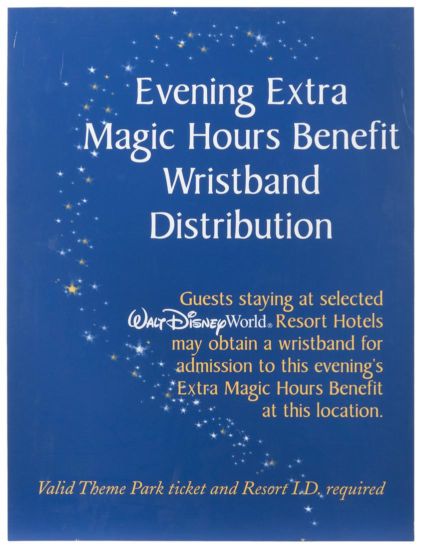Extra Magic Hours Wristband Distribution Sign. Walt: Extra Magic Hours Wristband Distribution Sign. Walt Disney World, 2000s. Park-used themed sign used at Extra Magic Hours Wristband locations prior to Magic Band implementation providing information fo