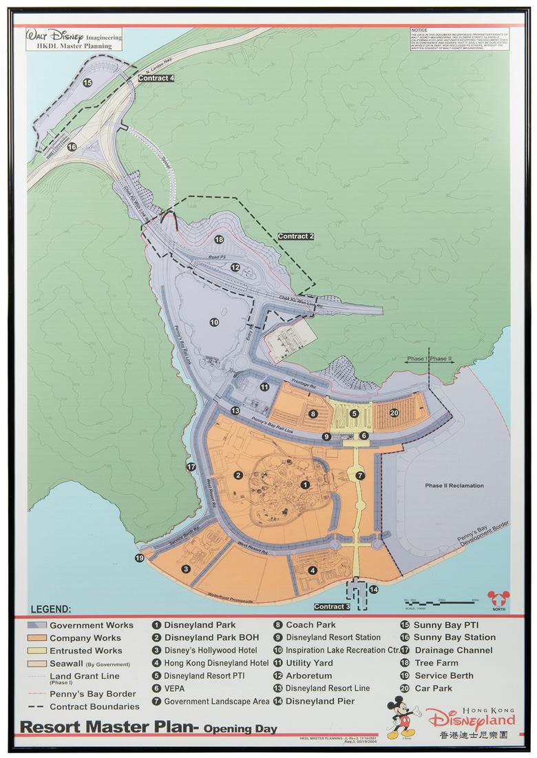 WDI Hong Kong Disneyland Master Plan Map. Hong Kong: WDI Hong Kong Disneyland Master Plan Map. Hong Kong Disneyland: 1990s. An original framed map of the Hong Kong Disneyland Resort used by Walt Disney Imagineering. Used as a master overview of the prop