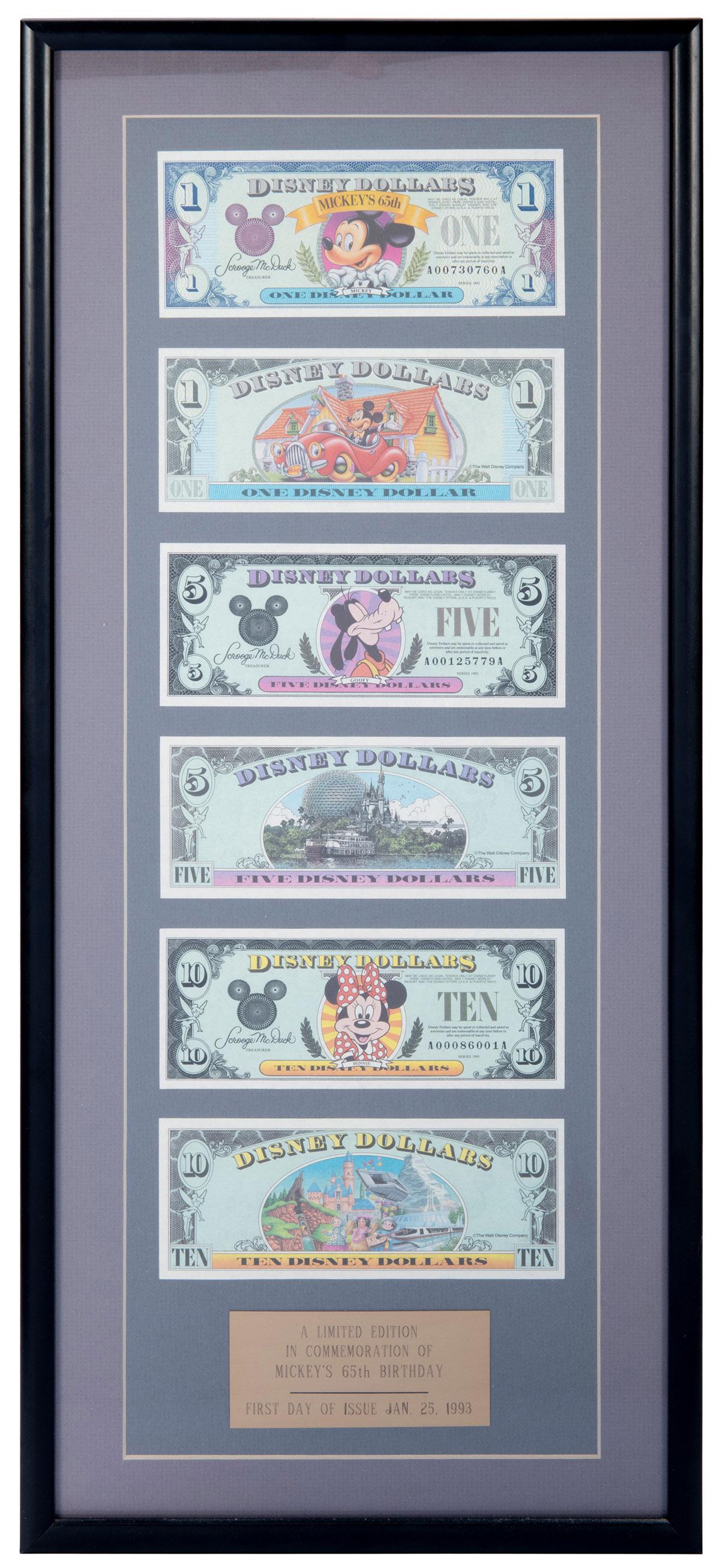 Disney Dollars. Disneyland, 1993. Six bills (two $1, (1 of 1)