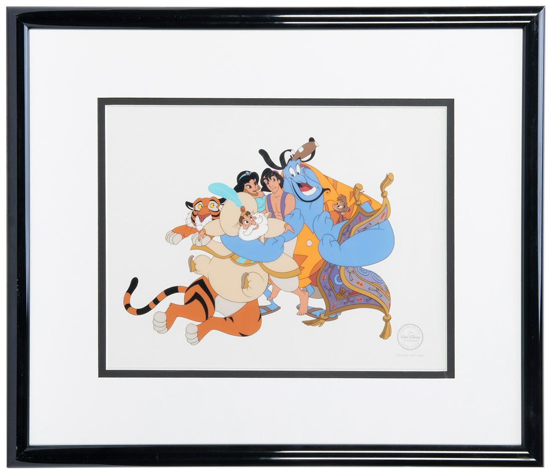 Aladdin “Big Hug” Animation Cel.: Aladdin “Big Hug” Animation Cel. Hand-painted animation cel depicts the Genie, Aladdin, Jasmine, Raja, Abu, Carpet, and the Sultan in a big group hug. Matted. Framed, 17 ½ x 20 ½