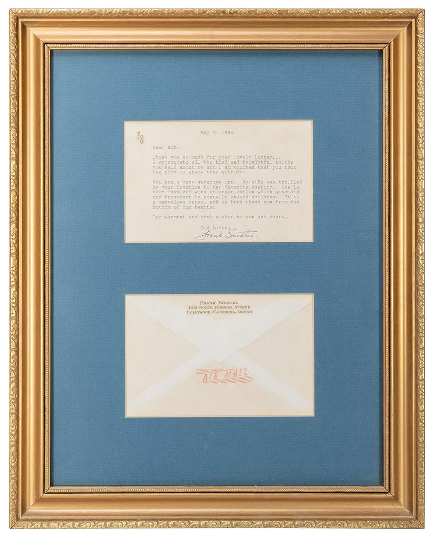Frank Sinatra Typed Letter Signed. Hollywood: May 7,: Frank Sinatra Typed Letter Signed. Hollywood: May 7, 1985. Typed letter, to Bob (Rossi), on notecard embossed “FS.” Sinatra thanks Bob for making a donation to Sinatra’s wife’s