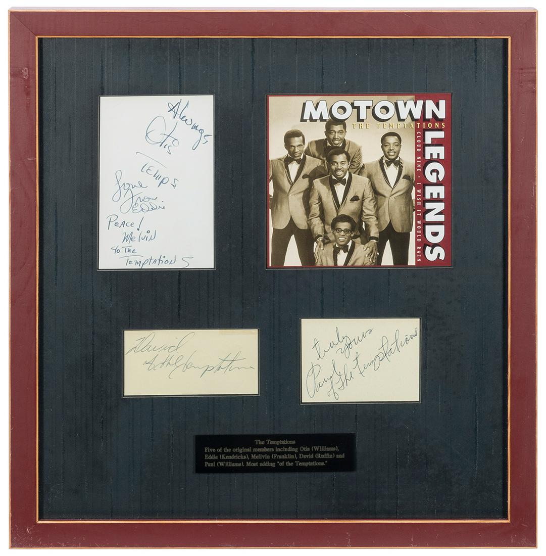 The Temptations Autograph Display. Signatures of Otis: The Temptations Autograph Display. Signatures of Otis Williams, Eddie Kendricks, Melvin Franklin, David Ruffin, and Paul Williams on three separate sheets of paper. Matted with photograph display. Fra