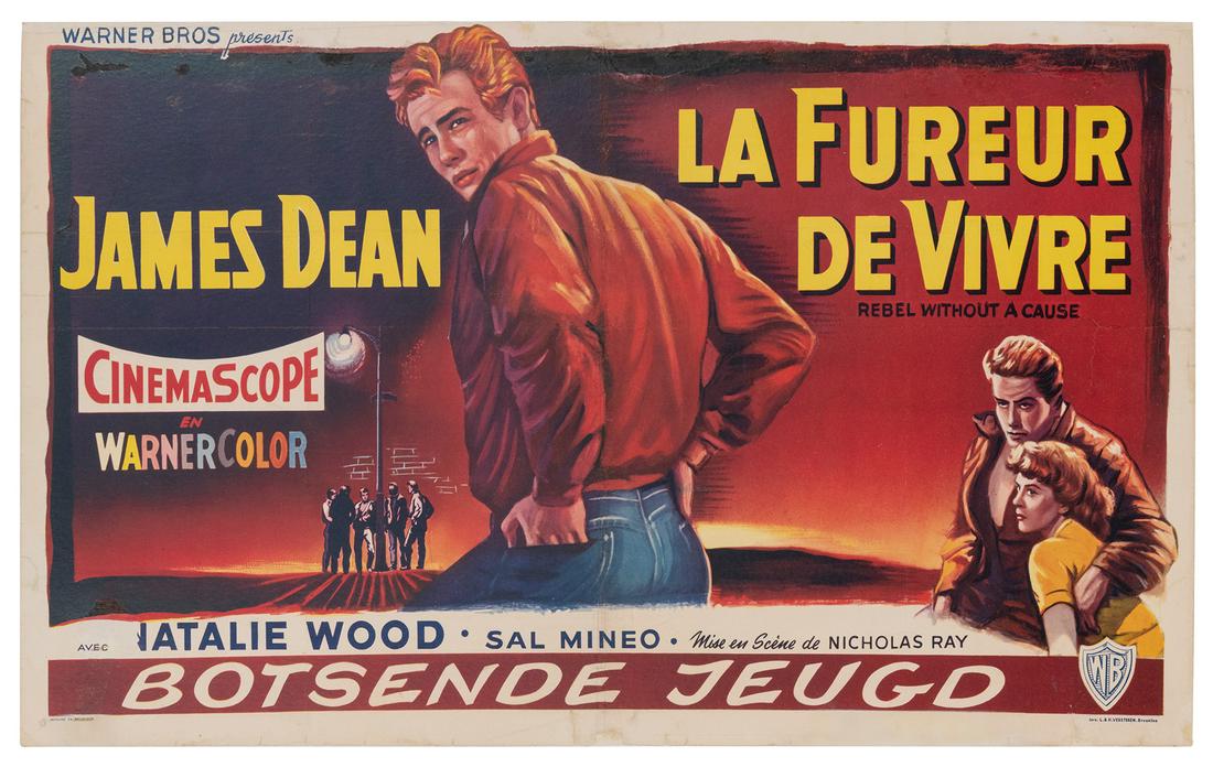 Rebel Without a Cause. Warner Bros., 1955. Belgian: Rebel Without a Cause. Warner Bros., 1955. Belgian release poster for the classic James Dean movie directed by Nicholas Ray. 12 7/8 x 21 7/8”. Extensive over-painting along top edge of image; re