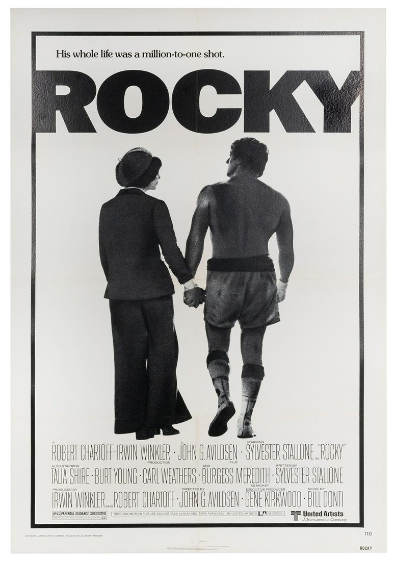 Rocky. United Artists, 1977. One-sheet poster in: Rocky. United Artists, 1977. One-sheet poster in black-and-white for the unexpected Academy Award winner written by and starring Sylvester Stallone in his breakout performance. 41 x 27”. Old fol