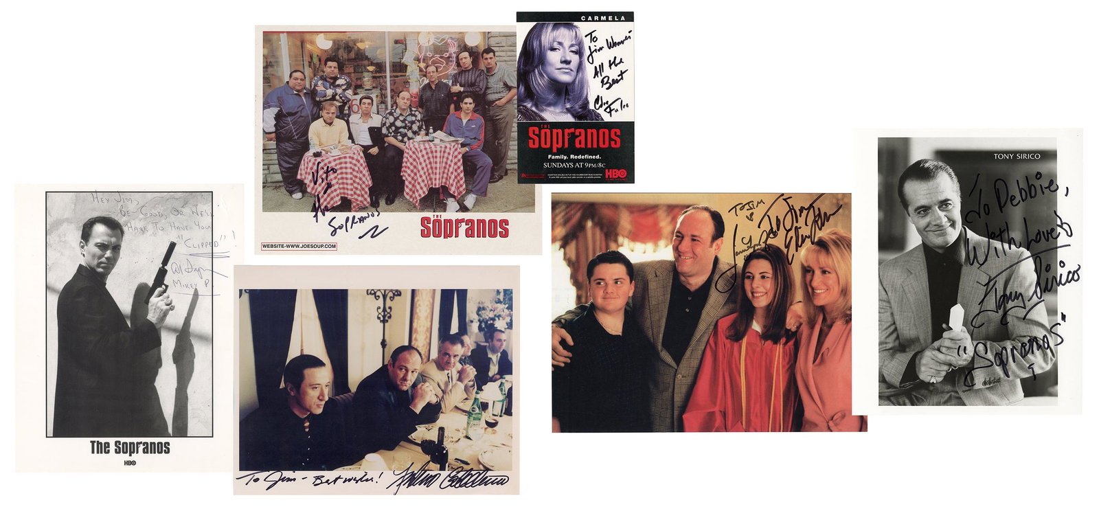 Collection of “The Sopranos” Autographs.: Collection of “The Sopranos” Autographs. From the Jim Weaver collection. 45 signatures and messages on photographs, cards, and messages from cast members and guest stars from the TV series