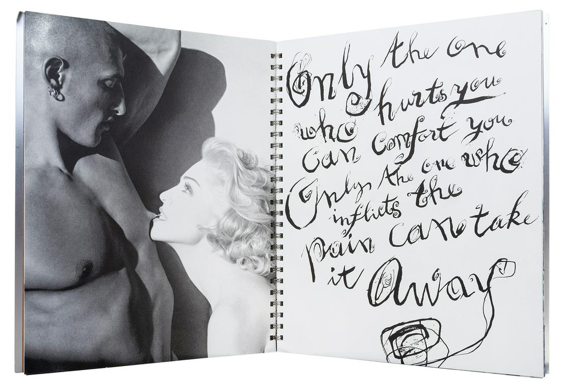 [MADONNA]. Sex. Edited by Glenn O'Brien. [New York]:: [MADONNA]. Sex. Edited by Glenn O'Brien. [New York]: Warner Books, [1992]. Small folio. Numerous illustrations from photographs by Steven Meisel. Publisher's spiral–bound aluminum covers with de