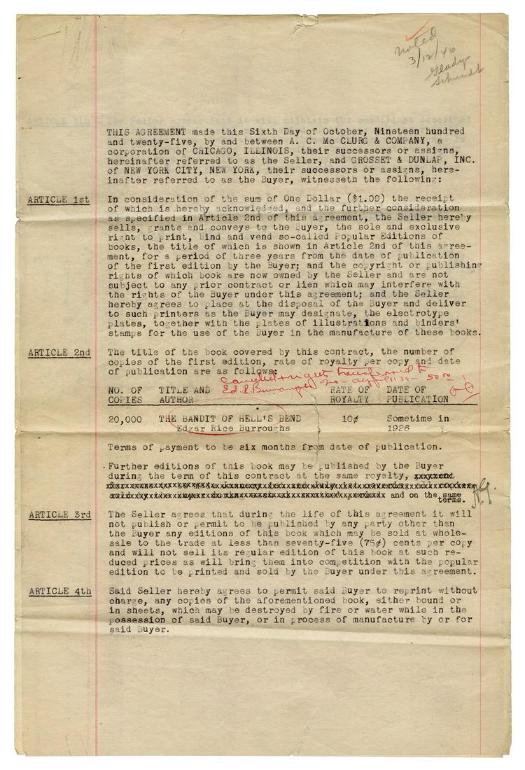 BURROUGHS, Edgar Rice (1875-1950). Licensing agreement (1 of 2)