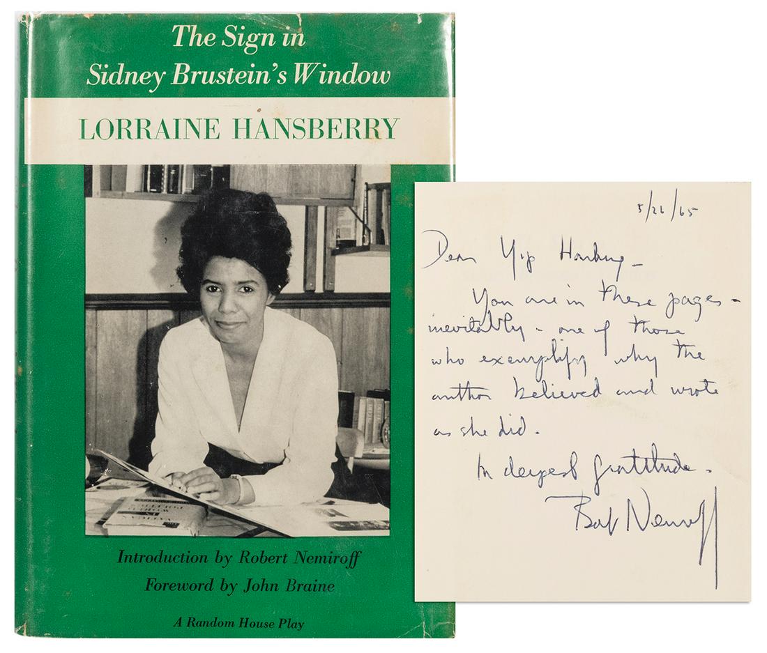 HANSBERRY, Lorraine (1930–1965). The Sign in: HANSBERRY, Lorraine (1930–1965). The Sign in Sidney Brustein’s Window. Introduction by Robert Nemiroff. New York: Random House, [1965]. 8vo. Publisher’s cloth–backed boards; or