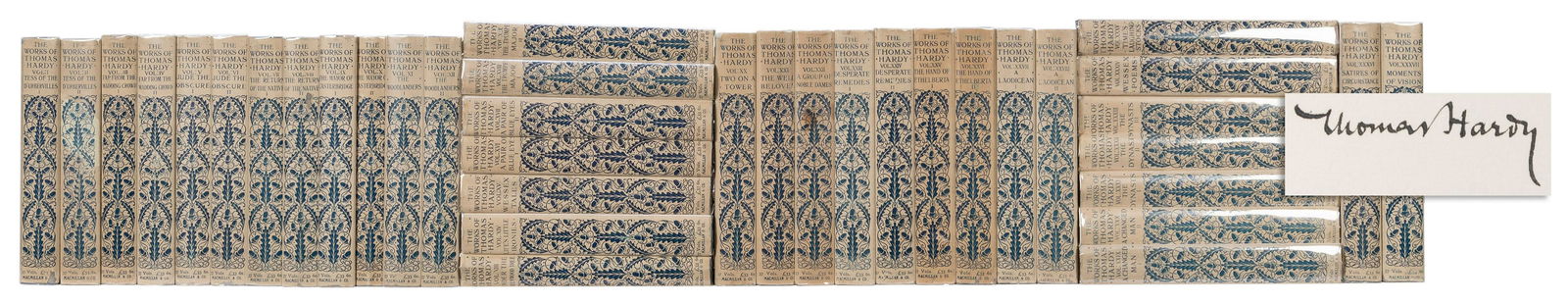 HARDY, Thomas (1840–1928). The Works of…: HARDY, Thomas (1840–1928). The Works of… London: Macmillan and Co., 1919–1920. 37 volumes, 8vo. Titles printed in red and black, engraved portrait frontispiece by William Strang in V