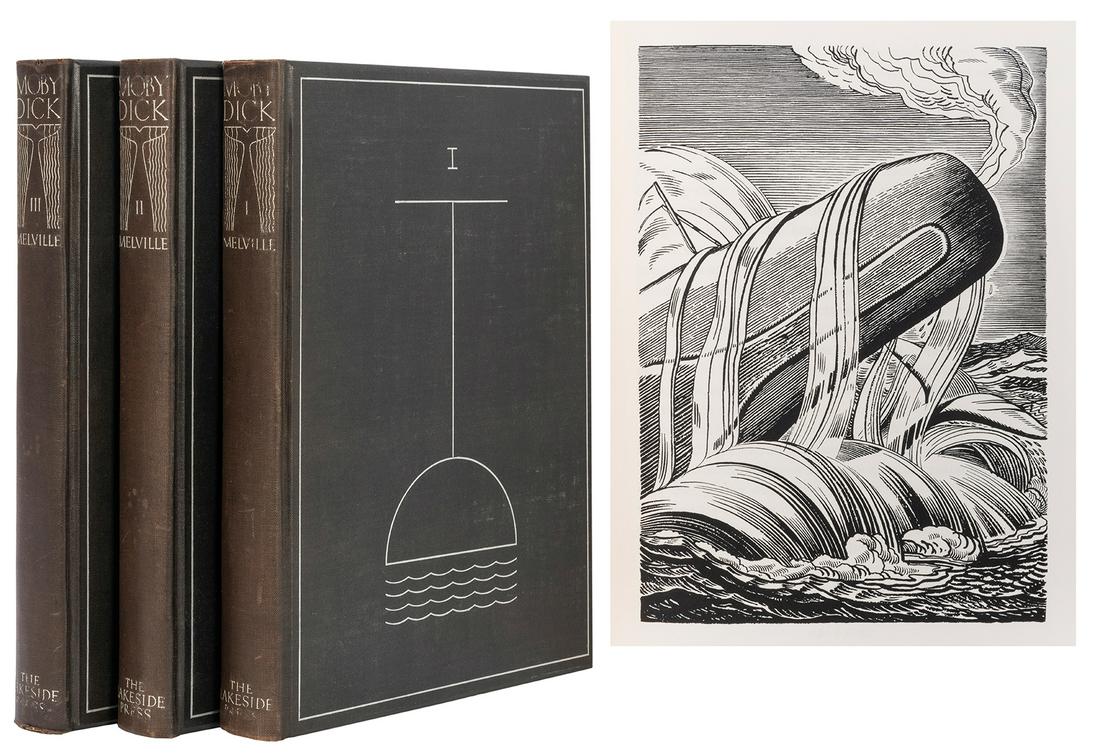KENT, Rockwell, illustrator (1882–1971). –: KENT, Rockwell, illustrator (1882–1971). –– MELLVILLE, Herman (1819–1891). Moby Dick. Chicago: The Lakeside Press, 1930. 3 volumes, 4to. Title vignettes and numerous woodcut il