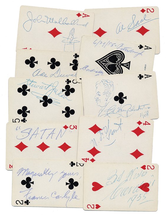 Group of 42 playing cards autographed by prominent : [Autographs] Group of 42 playing cards autographed by prominent magicians. Including the signatures of Cardini, U.F. Grant, Karrell Fox, Harry Blackstone, Sr. (with hand-drawn caricature), Phil Thomas