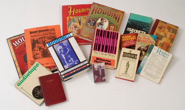 Accumulation of Houdini-related books and ephemera: Houdini, Harry. Accumulation of Houdini-related books and ephemera. Including cloth and paper bound texts (by Gibson, Epstein, Dunninger, Christopher, Silverman (signed) and others), leaflets, flyers 