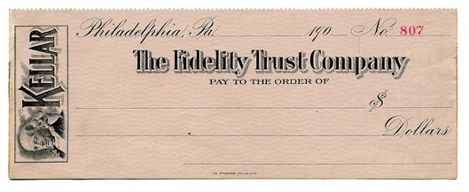 Lithographed bank draft of Kellar the magician.: Kellar, Harry (Heinrich Keller). Lithographed bank draft of Kellar the magician. Cincinnati, Strobridge Litho, ca. 1905. Kellar's archetypal "imp" portrait decorates this unused bank check printed on 