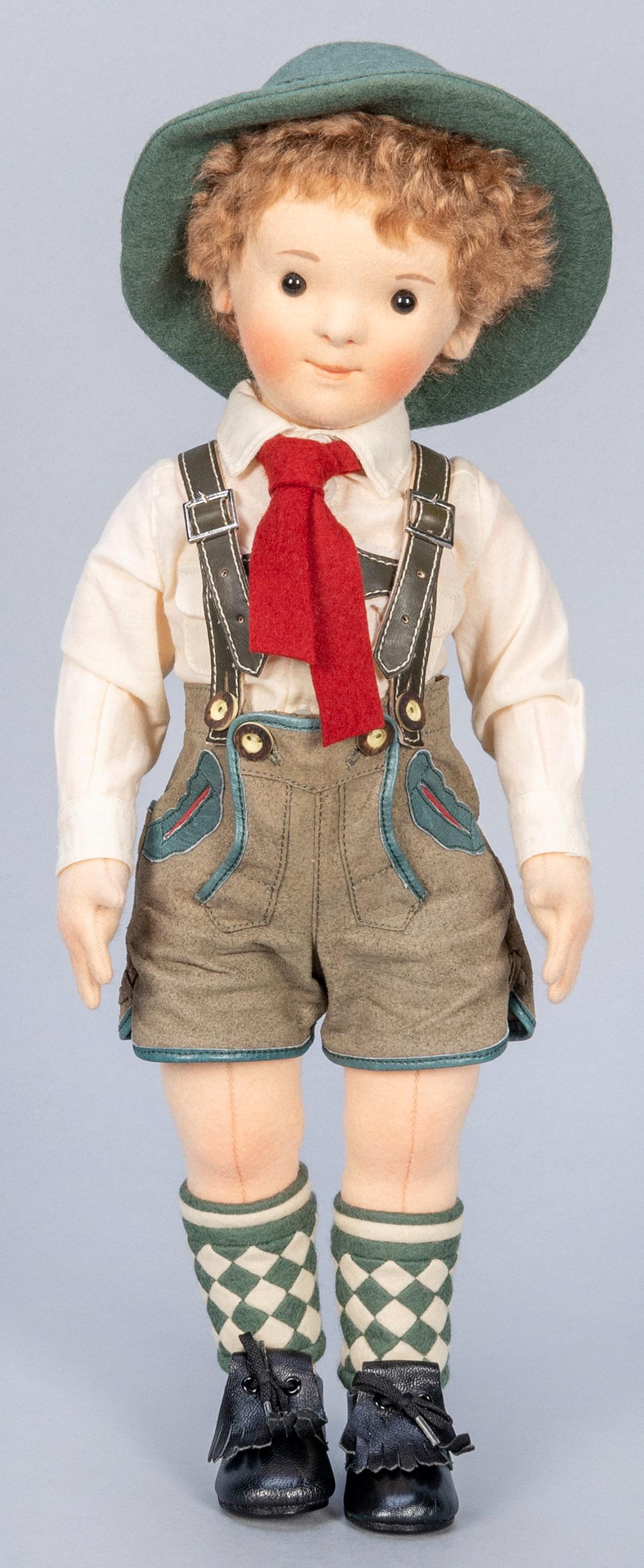 Steiff / R. John Wright “Mathias” Kinder: Steiff / R. John Wright “Mathias” Kinder Doll. Number 175 of 500 done in collaboration between Steiff and R. John Wright. Steiff button in ear; RJW button on shorts; and limitation tag. Fe