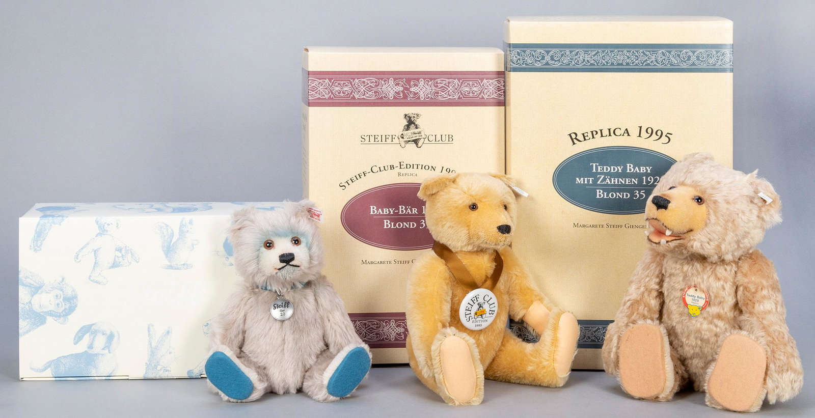 Steiff Teddy Baby Bears Trio (3). Including Teddy Baby: Steiff Teddy Baby Bears Trio (3). Including Teddy Baby with Teeth 1929/1995 Replica (408175; edition of 3,000), 35cm; Steiff 2012 Teddy Baby 20 Year “loyalty” bear (421211; edition of 3,00