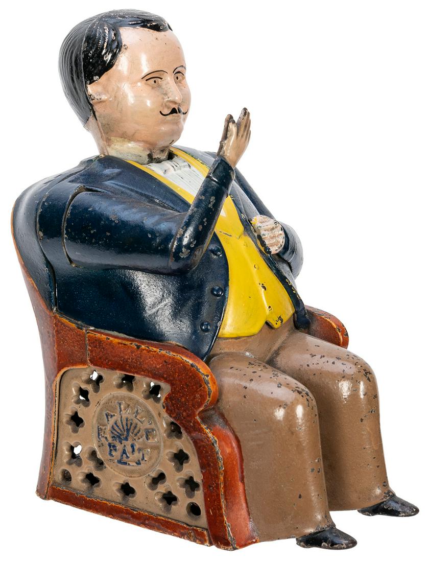 Tammany Hall Bank. Cromwell, CT: J.E. Stephens, 1870s.: Tammany Hall Bank. Cromwell, CT: J.E. Stephens, 1870s. Painted cast iron mechanical bank deposits a coin in the seated politician’s pocket when the arm descends toward it and his head nods. Tan 