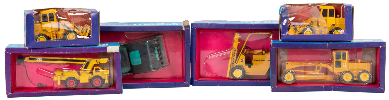 Lot of 6 Gescha Diecast Construction Vehicles in Boxes.: Lot of 6 Gescha Diecast Construction Vehicles in Boxes. Made in W. Germany. Including No. 286 Caterpillar grader; No. 288 Caterpillar loader; No. 2881 Caterpillar loader; No. 266 P&H crane; No. 275 Su