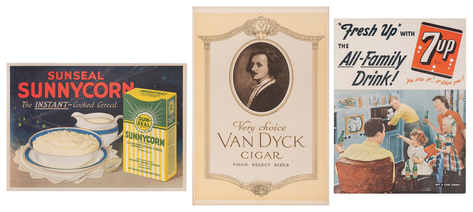 Trio of 20th Century Advertisements. Includes: Trio of 20th Century Advertisements. Includes advertisements for 7 Up, Sunseal Sunnycorn, and Van Dyck Cigars. Largest, 16 x 12”. Average condition, good.
