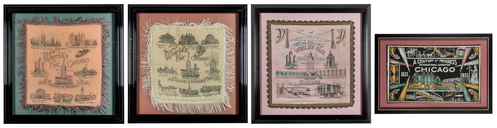 Chicago 1933 Century of Progress Pillow Covers and Felt: Chicago 1933 Century of Progress Pillow Covers and Felt (4). Includes three pillow covers; and a print on felt, depicting buildings and attractions of the 1933-34 Chicago World’s Fair. All profe