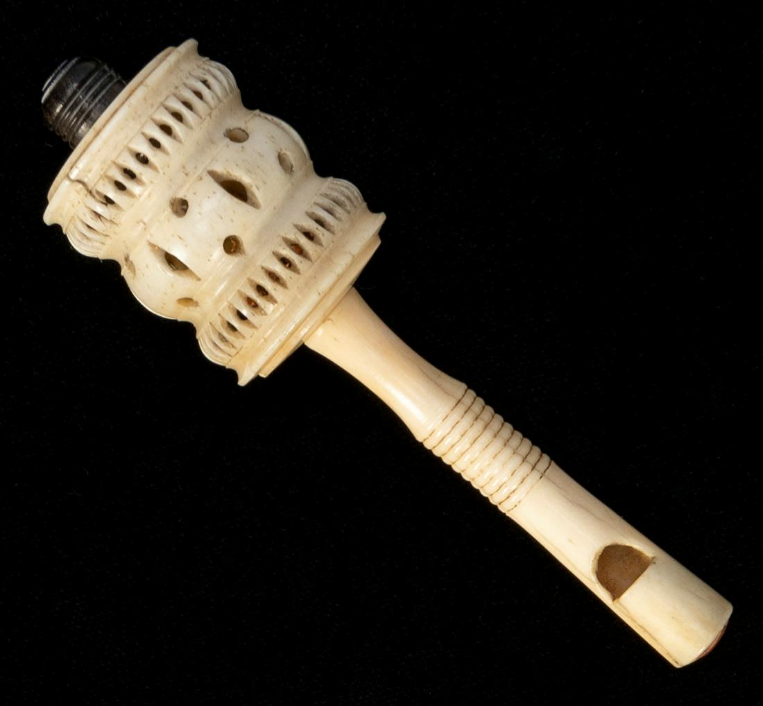 [SCRIMSHAW] Carved Rattle with Whistle Handle. Circa (1 of 1)
