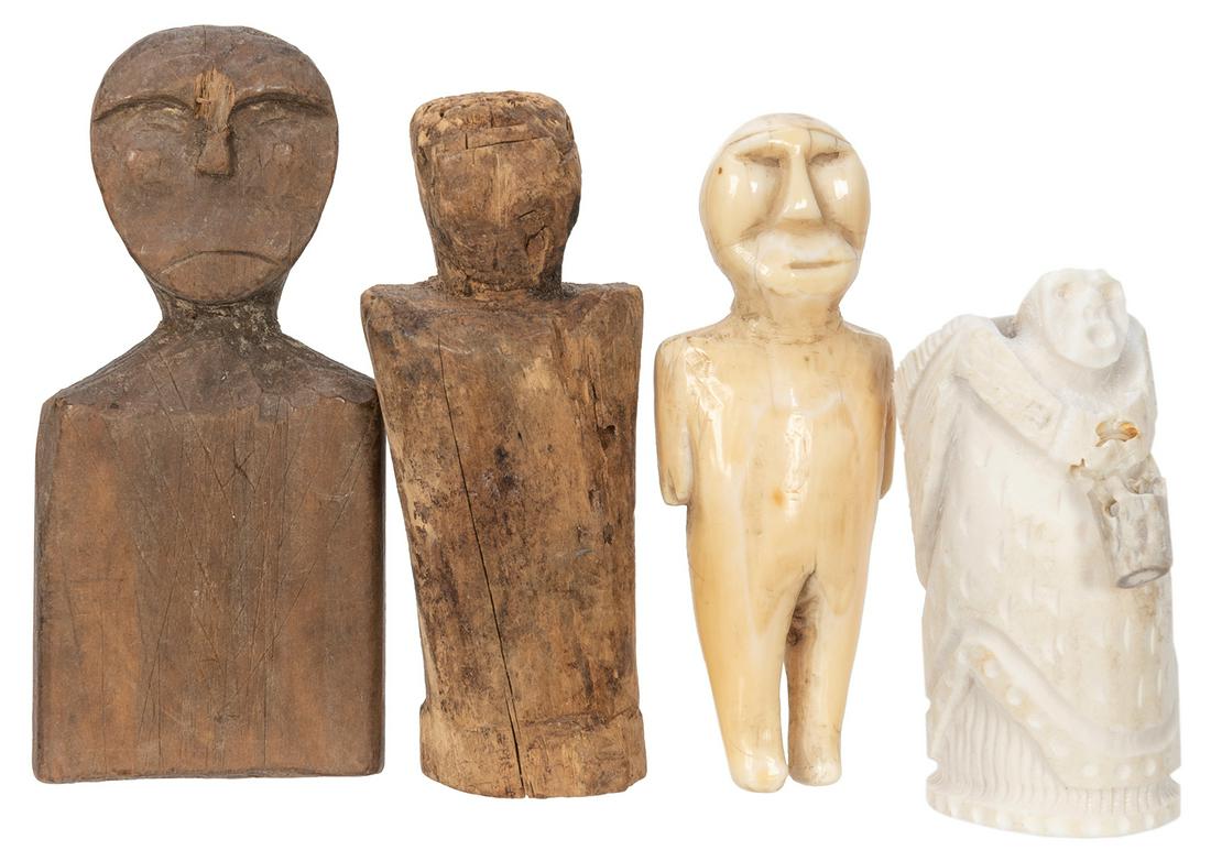 Lot of Carved Figures. Circa late 19th/early 20th: Lot of Carved Figures. Circa late 19th/early 20th century. Includes three figures carved of wood, cork, and polished bone, and an incense holder carved of deer antler. Tallest, 3 ½”.