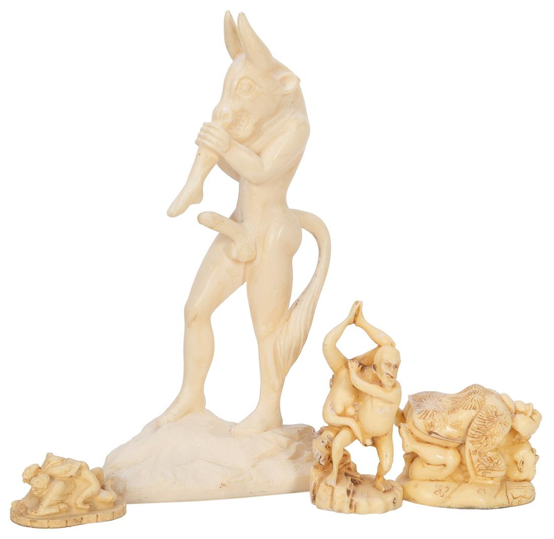 Group of 4 Erotic Figures. Including (3) resin netsuke;: Group of 4 Erotic Figures. Including (3) resin netsuke; and a resin standing horned erotic figure (9 ½”).