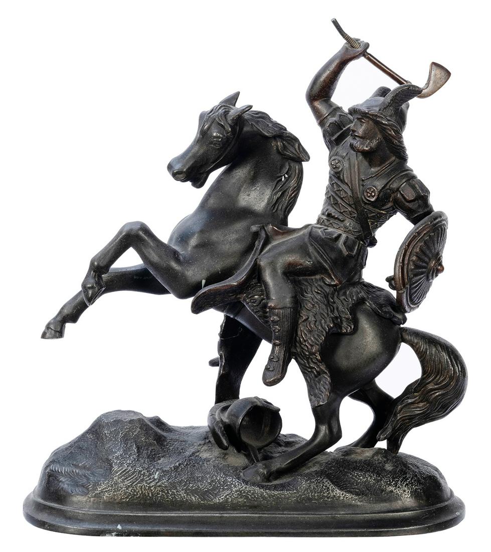Cast Metal Spelter Figure, Viking Warrior on Horse with (1 of 3)