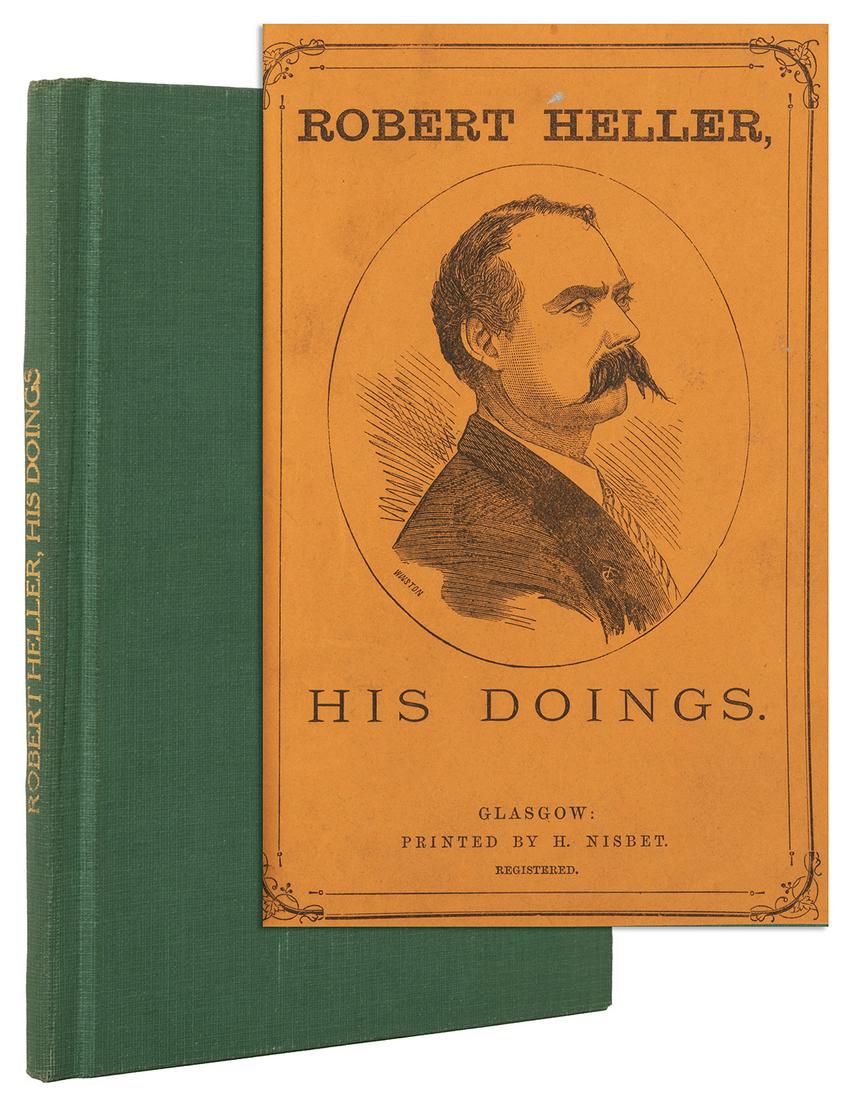 Heller, Robert (William Henry Palmer). Robert Heller,: Heller, Robert (William Henry Palmer). Robert Heller, His Doings. Glasgow: H. Nisbet, 1875. Orange pictorial wraps bound in green buckram, spine gilt stamped. Title page portrait repeated from cover.