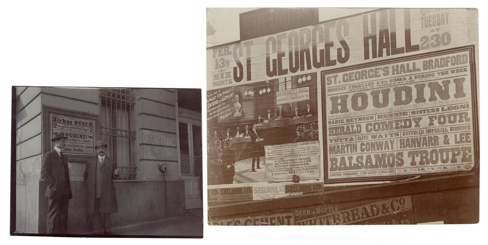 Houdini, Harry (Ehrich Weisz). Two Photographs of: Houdini, Harry (Ehrich Weisz). Two Photographs of Houdini’s Posters and Broadsides. The larger, printed in 1905, depicting a stand of billboards and broadsides advertising Houdini at St. George&