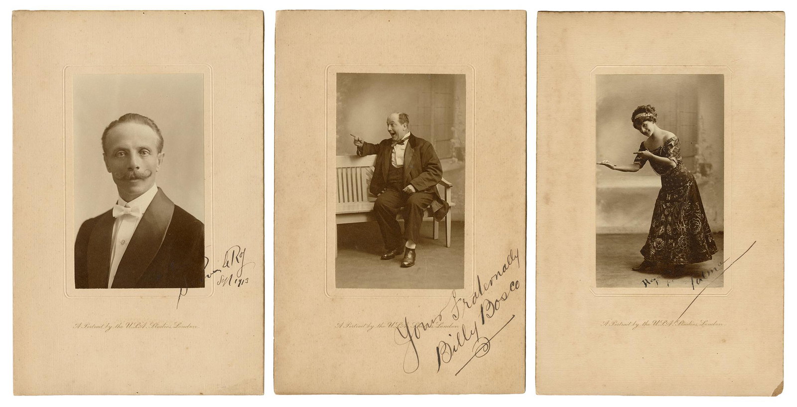 LeRoy, Talma and Bosco Inscribed and Signed Cabinet: LeRoy, Talma and Bosco Inscribed and Signed Cabinet Photos. London: USA Studios, 1913. Handsome portraits of the stars of the Comedians de Mephisto Co., captured during the same session, on printed an