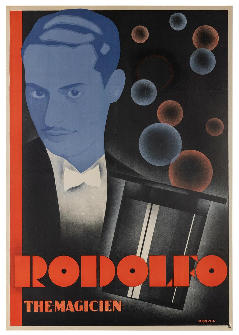 Rodolfo. Rodolfo the Magician. [Prague?]: Herczog, ca.: Rodolfo. Rodolfo the Magician. [Prague?]: Herczog, ca. 1950. Modernistic bust portrait of the Czech magician and pickpocket with bubbles at his right and a top hat in the foreground. 35 x 24 ½". 