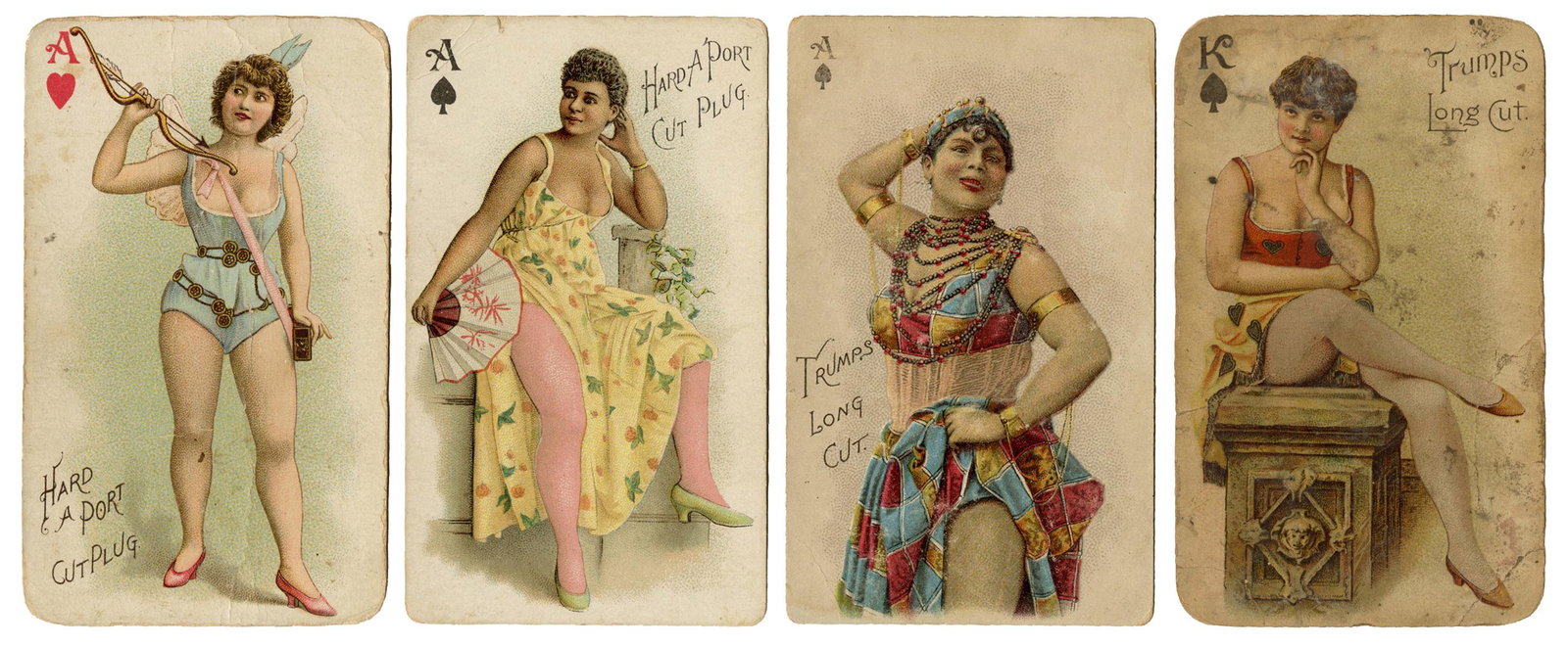 Group of 77 tobacco insert playing cards. Beauties and: Group of 77 tobacco insert playing cards. Beauties and Risqué. Circa 1890s. Color lithographed illustrations of beauties on each card. Partial decks and singles, including 37 Hard-A-Port Cut Plug