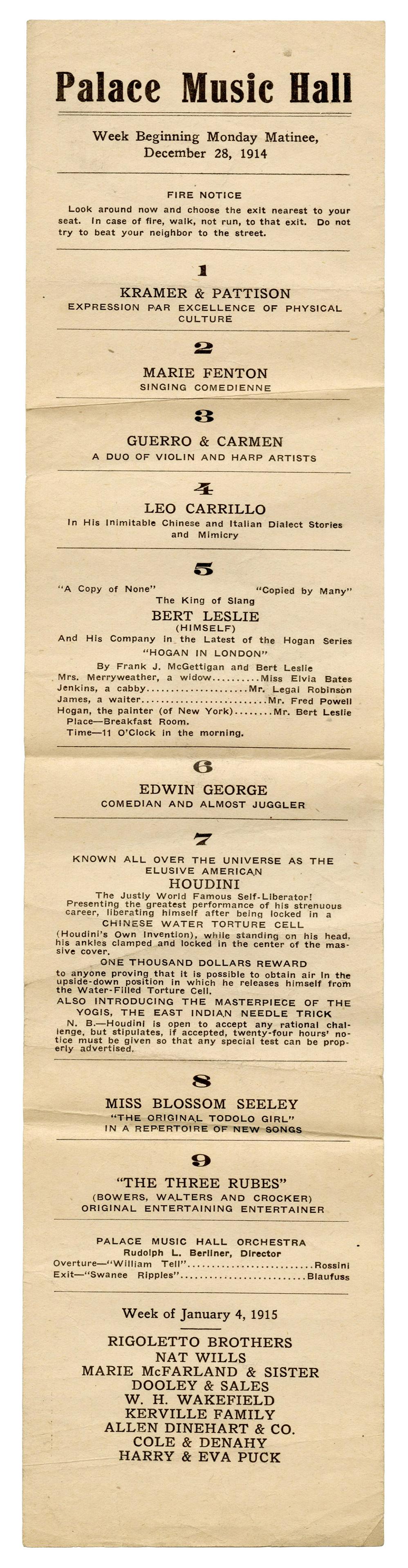 HOUDINI, Harry (Ehrich Weisz). Houdini Palace Music (1 of 1)