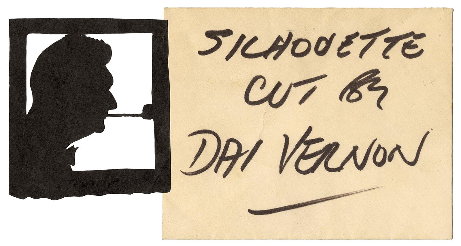 VERNON, Dai (David Frederick Winfield Verner).: VERNON, Dai (David Frederick Winfield Verner). Silhouette of Billy McComb by Dai Vernon. Circa 1970. Scissor-cut silhouette of the great Irish comedy magician in bowtie and smoking a pipe, cut by his