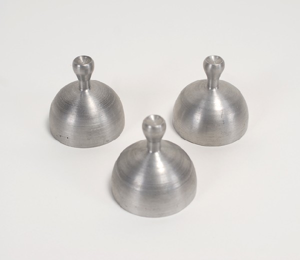 Indian-Style Cups and Balls. American, ca. 1950: [Cups and Balls] Indian-Style Cups and Balls. Bridgeport, Sherms Inc., ca. 1950. Set of three spun metal cups with small turned handles, standing 2 3/8" high, with an opening 2 1/8" in diameter. Unfin
