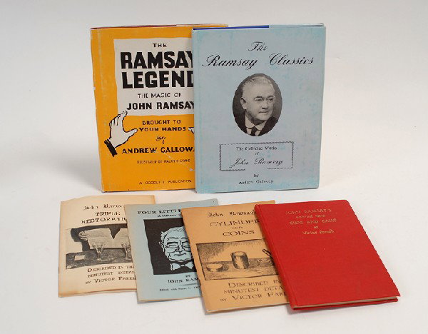 Seven books about the magic of John Ramsay: [Ramsay] Group of seven books about the magic of John Ramsay. Including Cylinder and Coins (1948), Four Little Beans (1952), John Ramsay's Routine with Cups and Balls (cloth binding, 1948), The Ramsay