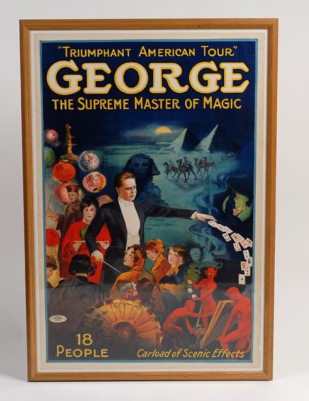 George The Supreme Master of Magic poster: George, Grover. George The Supreme Master of Magic. Cleveland, Otis Lithograph Co., ca. 1926. Attractive one sheet (28 x 40") color lithographed poster advertising Grover George's "Triumphant American