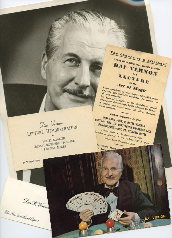 Group of 11 pieces of Dai Vernon ephemera: Vernon, Dai. Group of 11 pieces of Dai Vernon ephemera. Including five postcards (two bearing photos of Vernon at the Magic Castle, one a printed invitation to a Vernon lecture presented by Stars of M