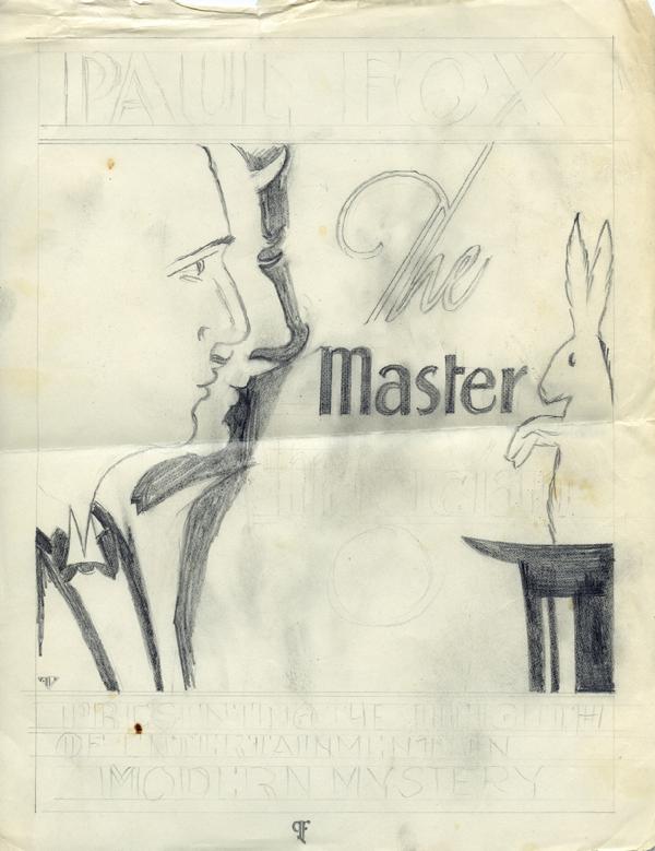 Original artwork and silhouettes by Paul Fox.: Fox, Paul (Paul Fuchs). Original artwork and silhouettes by Paul Fox. Including a pencil sketch of an unproduced brochure design by Fox that depicts his portrait in profile; behind his face is the pro