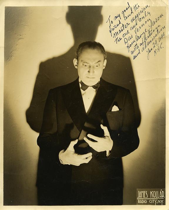 Vernon's collection: 13 photographs of magicians: [Photographs] Group of 13 photographs of magicians. From the collection of Dai Vernon and including images of Richiardi, Williard the Wizard, The Great Leon's Death Ray Gun illusion, Glen Pope (signed