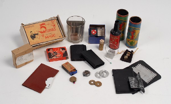 Group of close-up magic tricks and gimmicks. From : [Close-Up Magic] Group of close-up magic tricks and gimmicks. From the collection of Bruce Cervon and including a miniature P&L Phantom Die, Anverdi-type Enchanted Ring, Paul Diamond Reel, Ellis Ring,