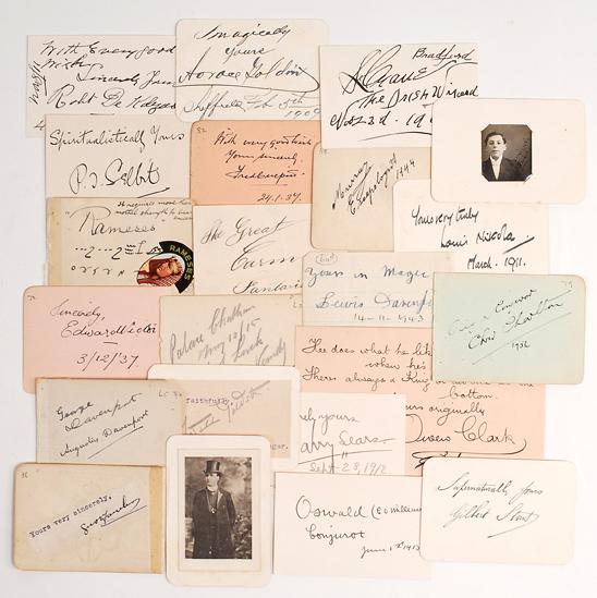 Group of 42 autographs of famous magicians: [Autographs] Group of 42 autographs of famous magicians. Including the signatures and inscriptions of Professor Hoffmann, P.T. Selbit, Horace Goldin, Frederick Culpitt, Dante, Edward Victor, Chris Van