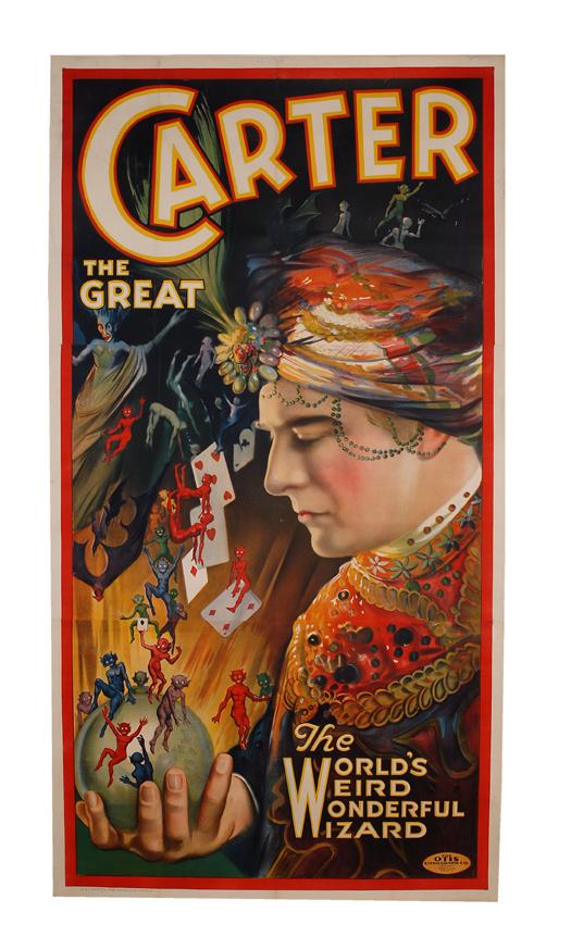 Carter, Charles. The World's Weird Wonderful Wizar: Carter, Charles. The World's Weird Wonderful Wizard. Cleveland, Otis Litho Co., ca. 1926. Three-sheet color lithographed poster depicting a portrait of a turbaned Carter looking over a globe of the ea