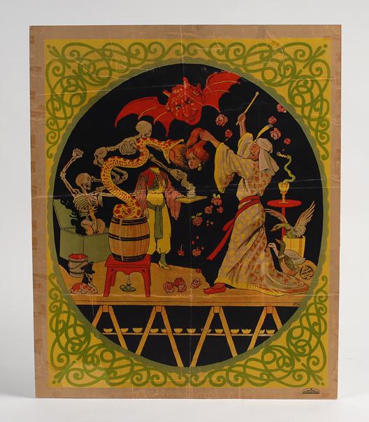 Friedlander poster: magician with snakes, devils : [Stock Poster] Stock poster of a magician with snakes, devils and skeletons. Hamburg, Adoph Friedlander, 1919. One sheet (28 x 34") color lithographed poster depicting a bearded magician performing a 