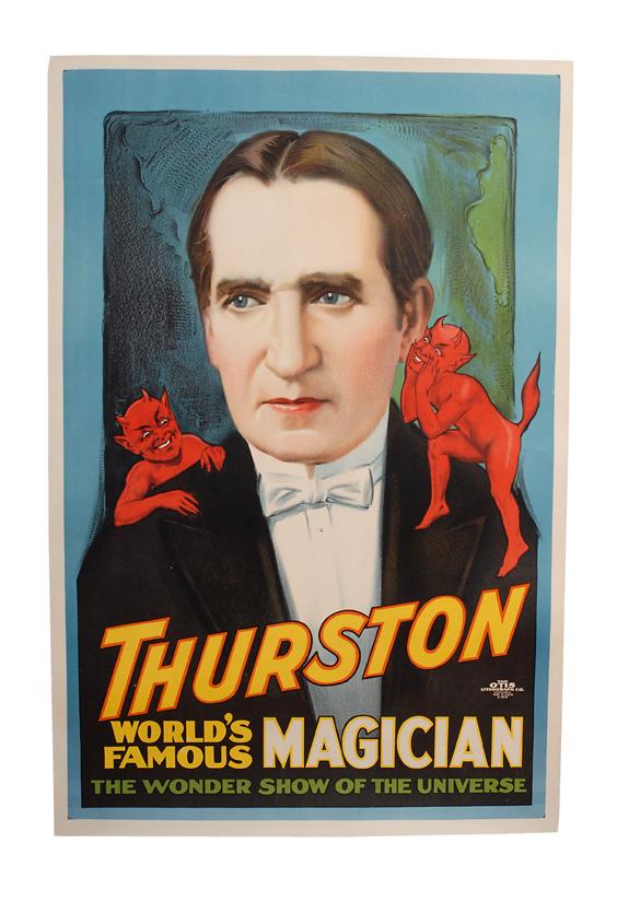 Thurston World's Famous Magician. One-sheet color: Thurston, Howard. Thurston World's Famous Magician. Cleveland, Otis Litho Co., ca. 1926. One-sheet color lithograph depicting the iconic portrait of Thurston with two devils perched on his shoulders,