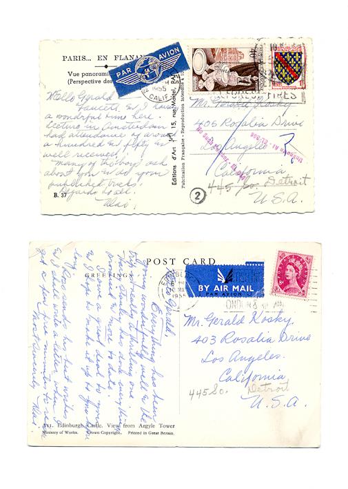 Two postcards from Dai Vernon to Gerald Kosky: Vernon, Dai. Two postcards from Dai Vernon to Gerald Kosky. Written in 1955 by Vernon while on his first lecture tour of England and Europe, one mailed from Paris and the other from Edinburgh. Vernon