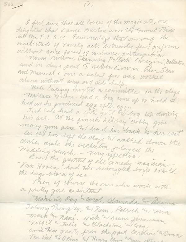 The Vernon Touch, September 1982. Written in Verno: Vernon, Dai. The Vernon Touch, September 1982. Written in Vernon's hand in pencil on four legal-size pages, subject matter includes Lance Burton's recent FISM win, The Magic Castle, and a long list of