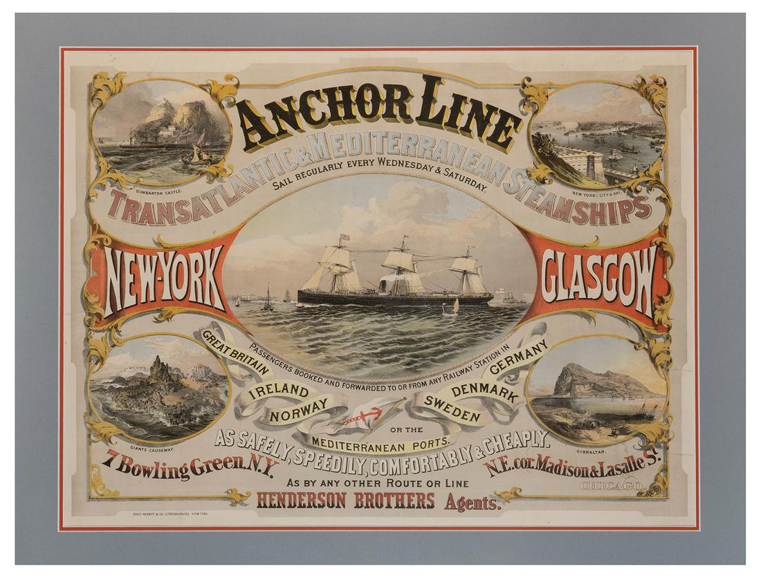Anchor Line. New York: Nesbitt & Company, ca. 1860s.: Anchor Line. New York: Nesbitt & Company, ca. 1860s. Color lithograph advertisement for the Anchor Line with a large vignette of a ship at center and four vignettes of popular travel destinations. Mat